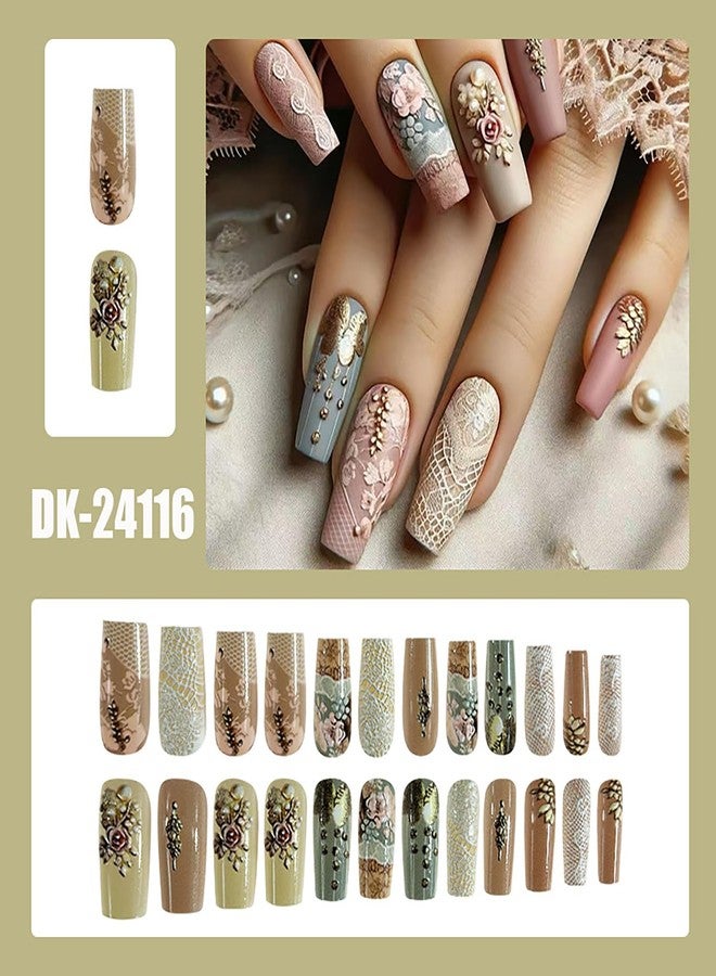 CJDLTS Flower Press on Nails Medium Ballet Shaped Rose Floral Lace Pattern Design Full Cover Glossy Acrylic False Nail Artificial Press Ons Fake Nail DIY Reusable Glue on Nails for Women 24Pcs - Image 2